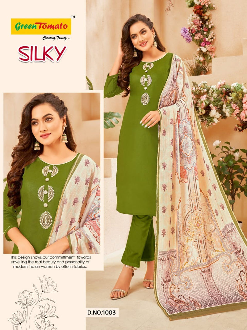 Green Tamato Silky Chanderi Hand Work Fancy Digital Printed Designer Kurti