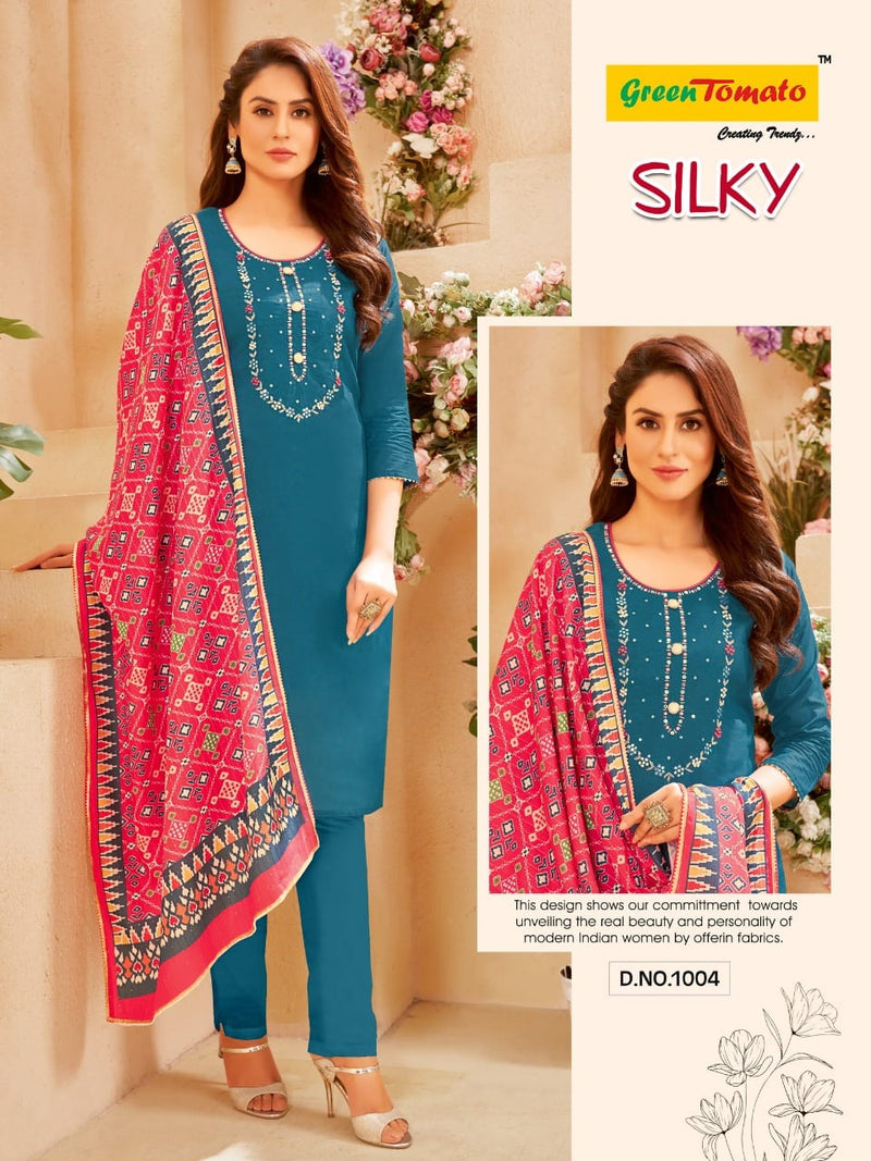 Green Tamato Silky Chanderi Hand Work Fancy Digital Printed Designer Kurti