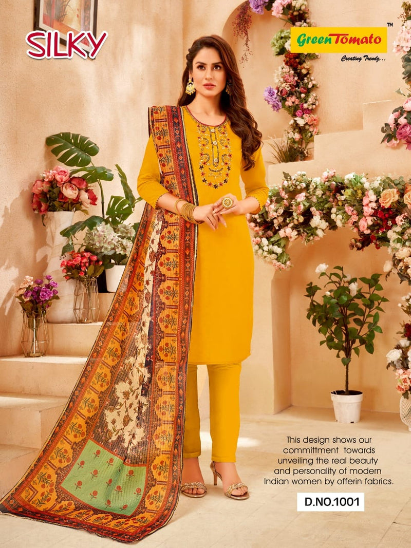 Green Tamato Silky Chanderi Hand Work Fancy Digital Printed Designer Kurti