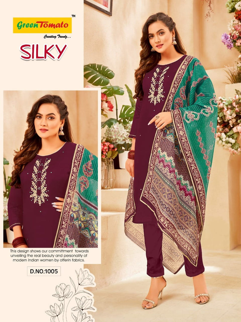 Green Tamato Silky Chanderi Hand Work Fancy Digital Printed Designer Kurti