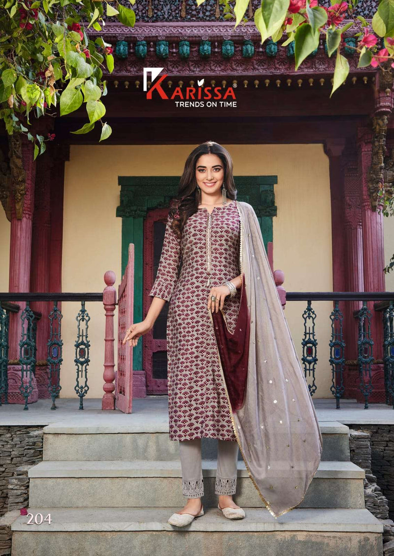 Karissa Fashion Siya Vol 2 Modal Silk Foil Print Fancy Party Wear Kurtis With Bottom & Dupatta