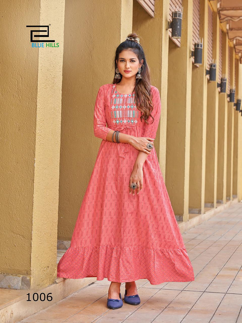 Blue Hills Sizzling Pure Cotton With Heavy Embroidery Work Stylish Designer Long Gown