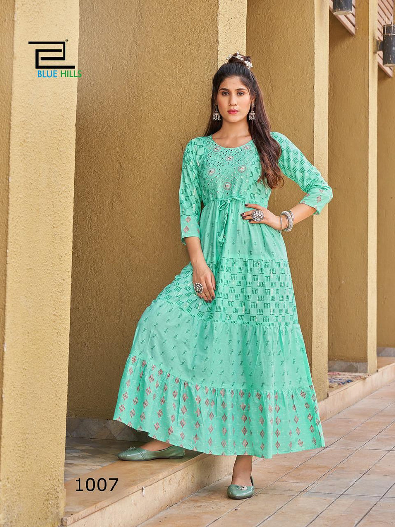 Blue Hills Sizzling Pure Cotton With Heavy Embroidery Work Stylish Designer Long Gown