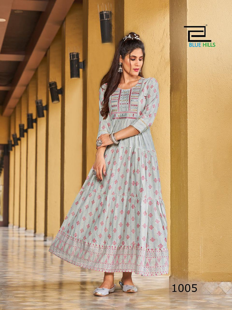 Blue Hills Sizzling Pure Cotton With Heavy Embroidery Work Stylish Designer Long Gown