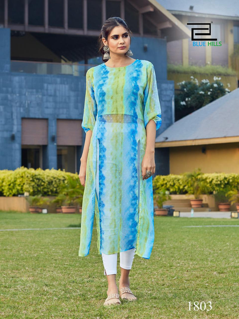 Blue Hills Slit Fancy Georgette With Fancy Butti Print Party Wear Kurtis