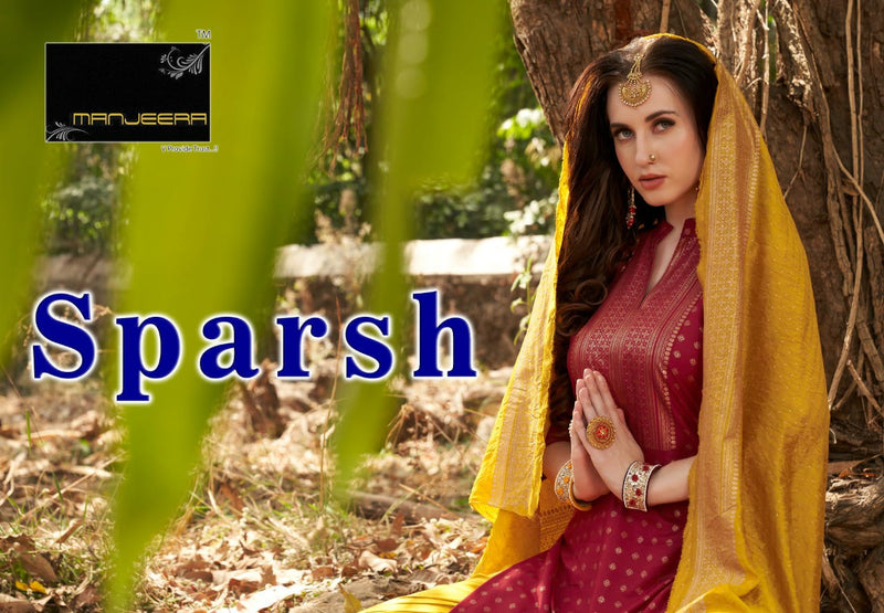 Manjeera Fashion  Sparsh Rayon Gold Copper Print Party Wear Kurtis With Plazzo & Dupatta
