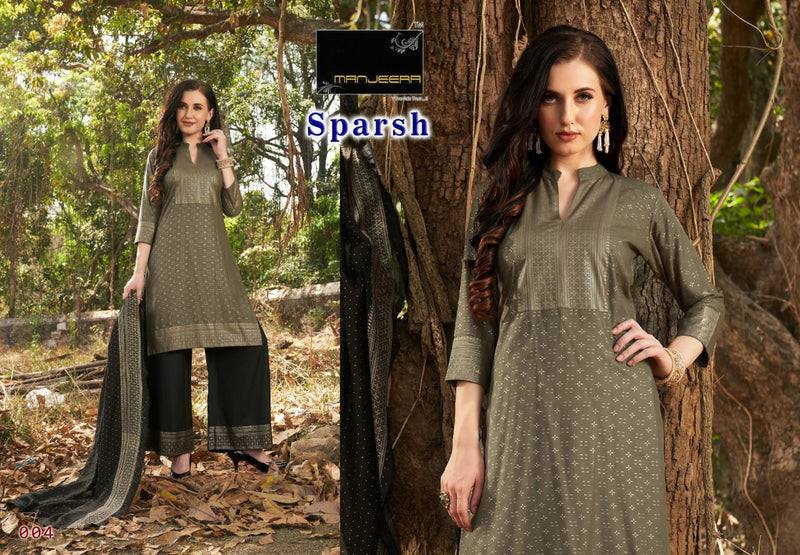 Manjeera Fashion  Sparsh Rayon Gold Copper Print Party Wear Kurtis With Plazzo & Dupatta