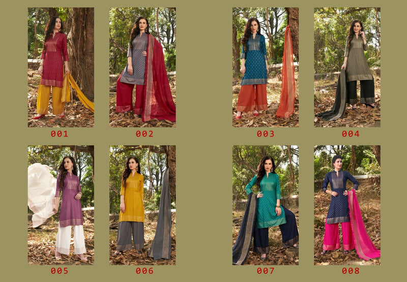 Manjeera Fashion  Sparsh Rayon Gold Copper Print Party Wear Kurtis With Plazzo & Dupatta