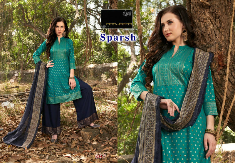 Manjeera Fashion  Sparsh Rayon Gold Copper Print Party Wear Kurtis With Plazzo & Dupatta