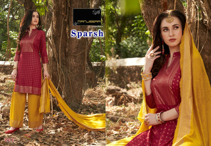 Manjeera Fashion  Sparsh Rayon Gold Copper Print Party Wear Kurtis With Plazzo & Dupatta