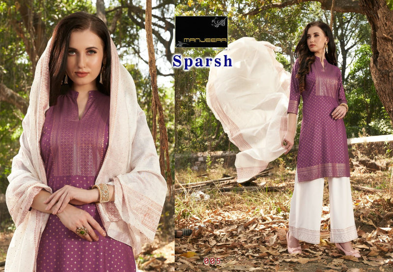 Manjeera Fashion  Sparsh Rayon Gold Copper Print Party Wear Kurtis With Plazzo & Dupatta