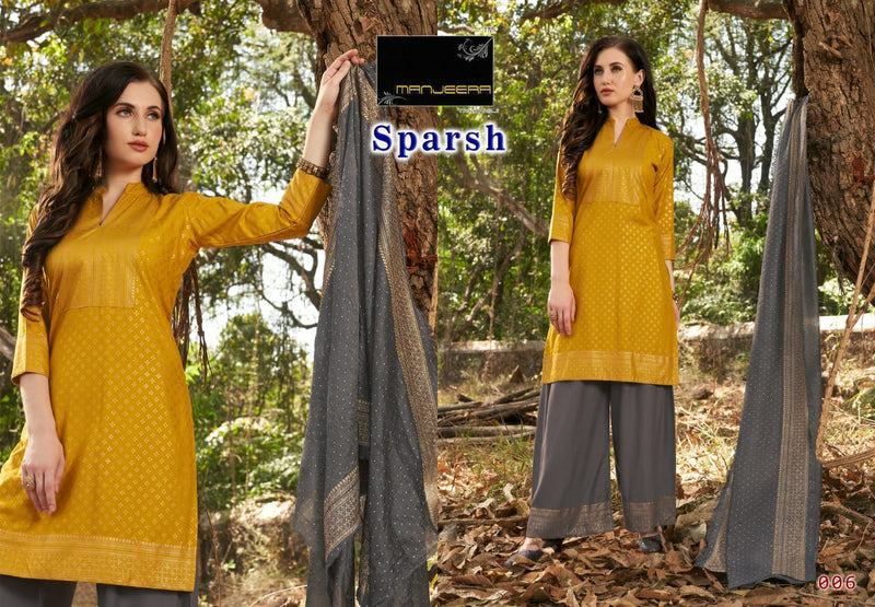 Manjeera Fashion  Sparsh Rayon Gold Copper Print Party Wear Kurtis With Plazzo & Dupatta