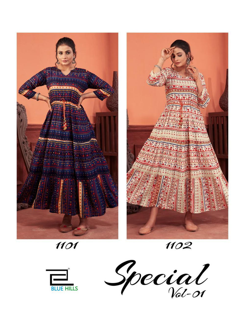 Blue Hills Special Vol 1 Rayon Printed Gown Style Long  Party Wear Kurtis