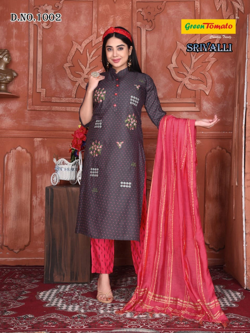 Green Tomato Srivalli Rayon Fancy Stylish Party Wear Kurtis With Bottom & Dupatta