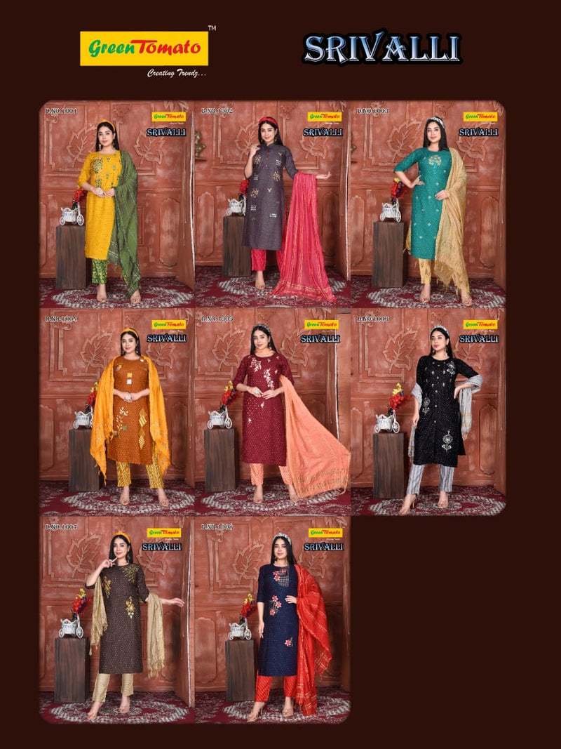 Green Tomato Srivalli Rayon Fancy Stylish Party Wear Kurtis With Bottom & Dupatta