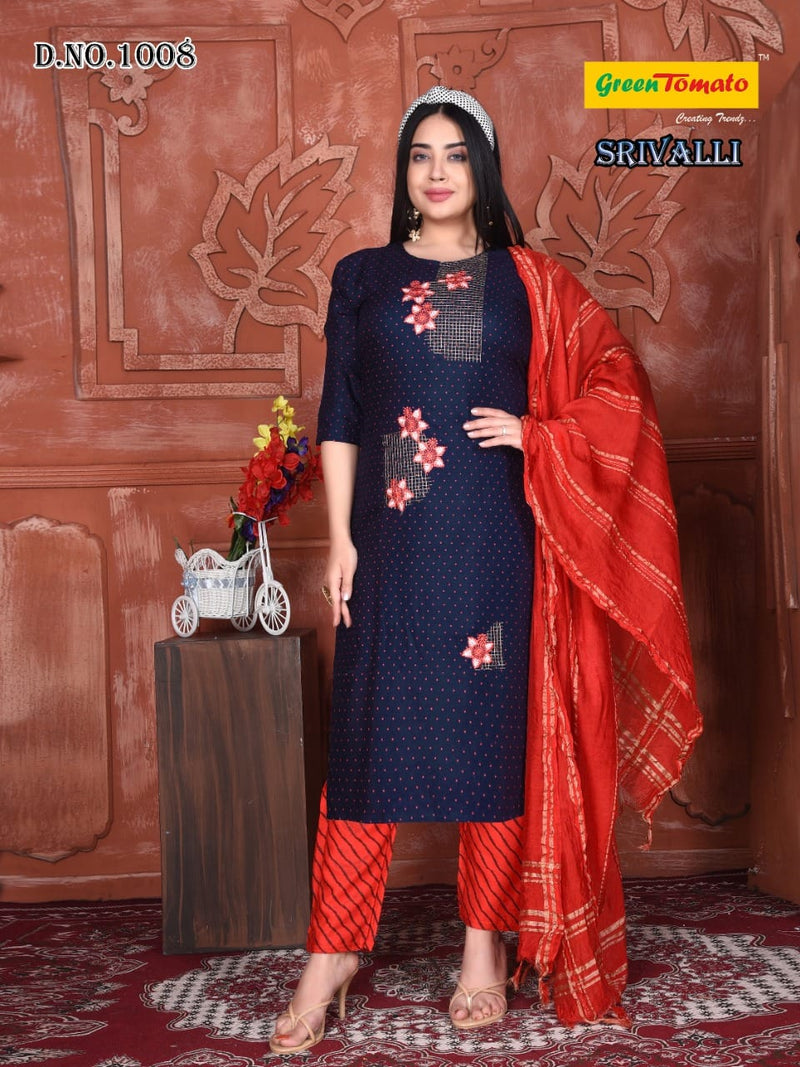 Green Tomato Srivalli Rayon Fancy Stylish Party Wear Kurtis With Bottom & Dupatta