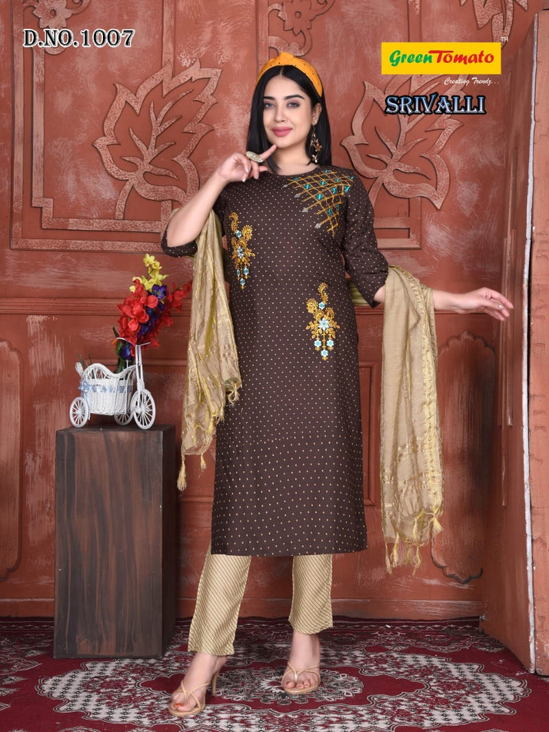 Green Tomato Srivalli Rayon Fancy Stylish Party Wear Kurtis With Bottom & Dupatta