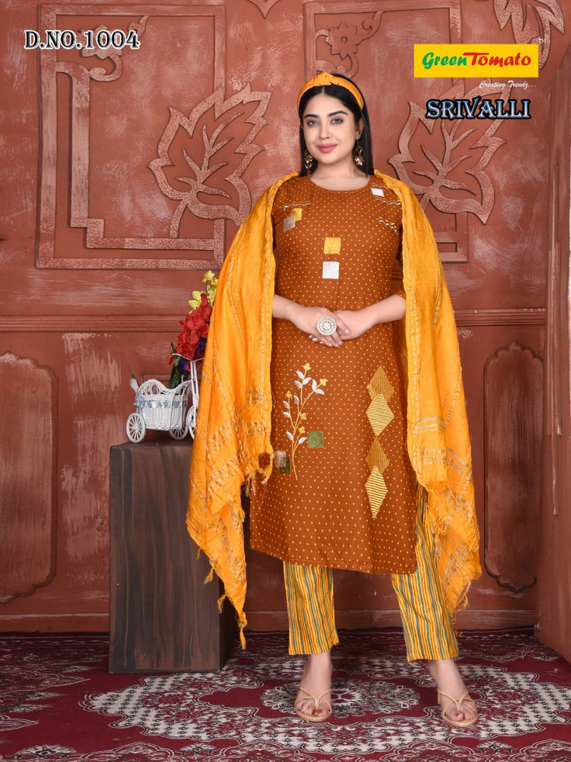 Green Tomato Srivalli Rayon Fancy Stylish Party Wear Kurtis With Bottom & Dupatta