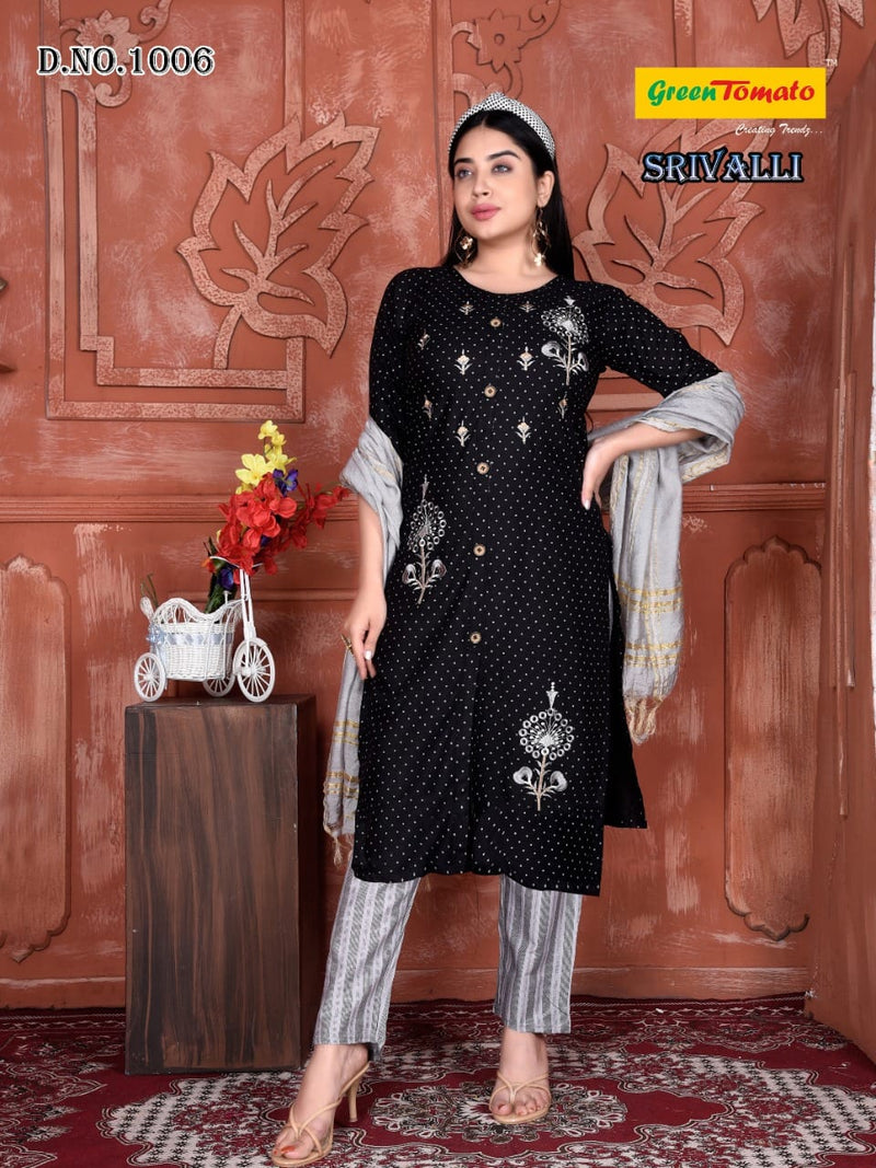 Green Tomato Srivalli Rayon Fancy Stylish Party Wear Kurtis With Bottom & Dupatta