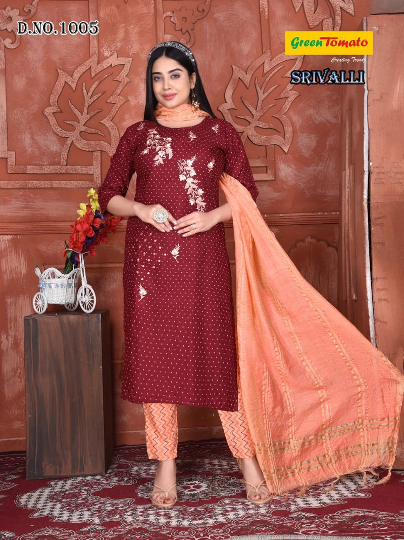 Green Tomato Srivalli Rayon Fancy Stylish Party Wear Kurtis With Bottom & Dupatta