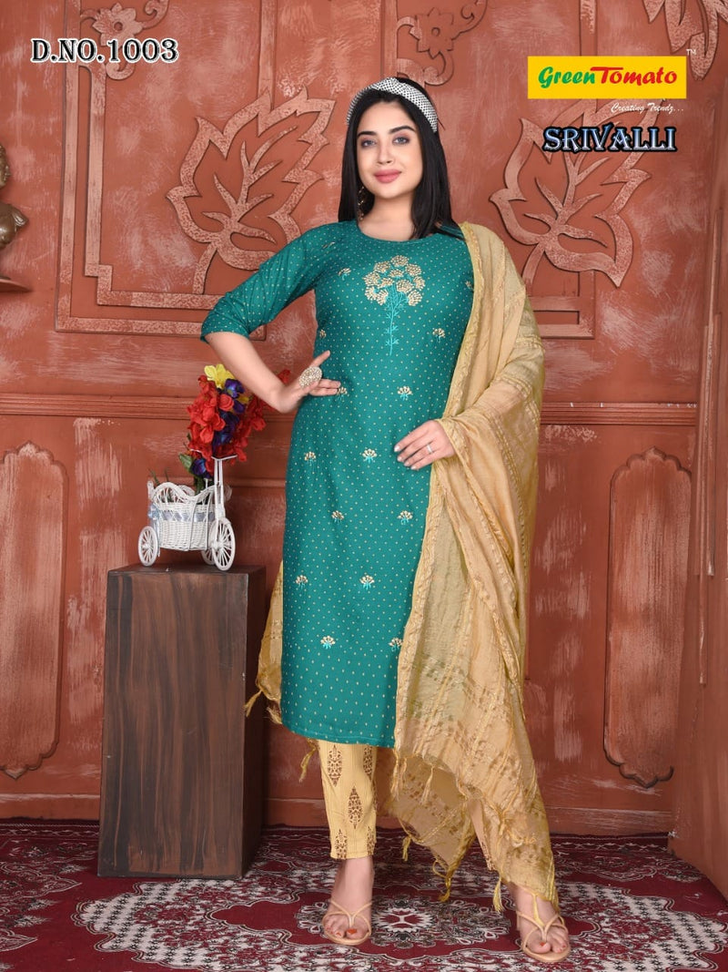 Green Tomato Srivalli Rayon Fancy Stylish Party Wear Kurtis With Bottom & Dupatta