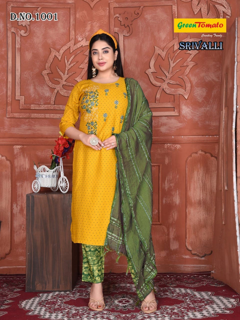 Green Tomato Srivalli Rayon Fancy Stylish Party Wear Kurtis With Bottom & Dupatta
