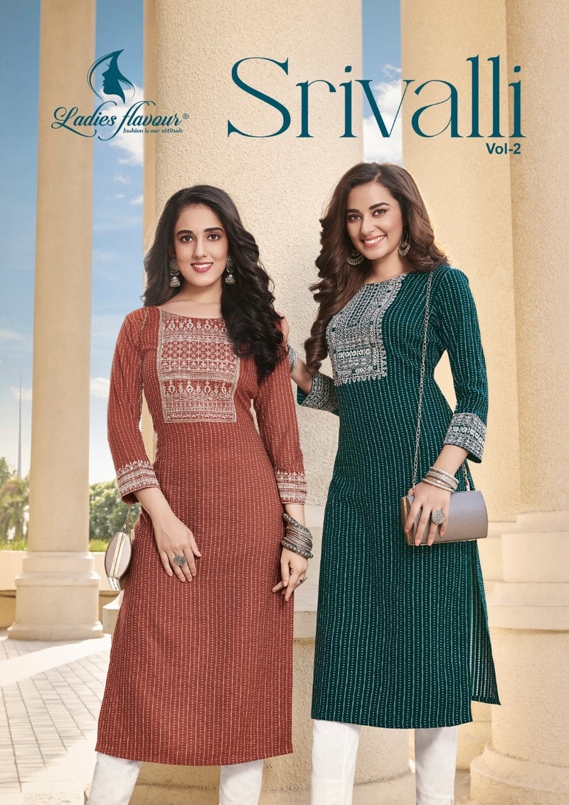 Ladies Flavour Srivalli Vol 2 Rayon With Printed Work Stylish Designer Casual Look Fancy Kurti