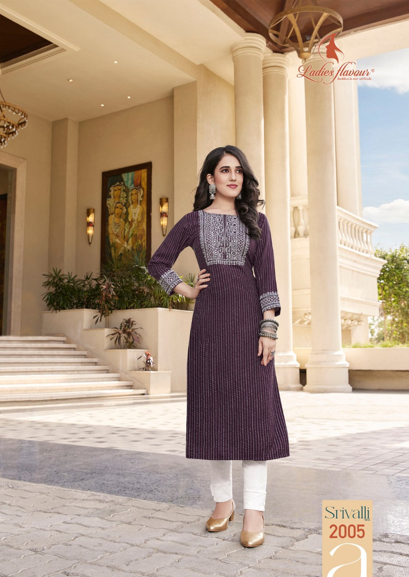 Ladies Flavour Srivalli Vol 2 Rayon With Printed Work Stylish Designer Casual Look Fancy Kurti