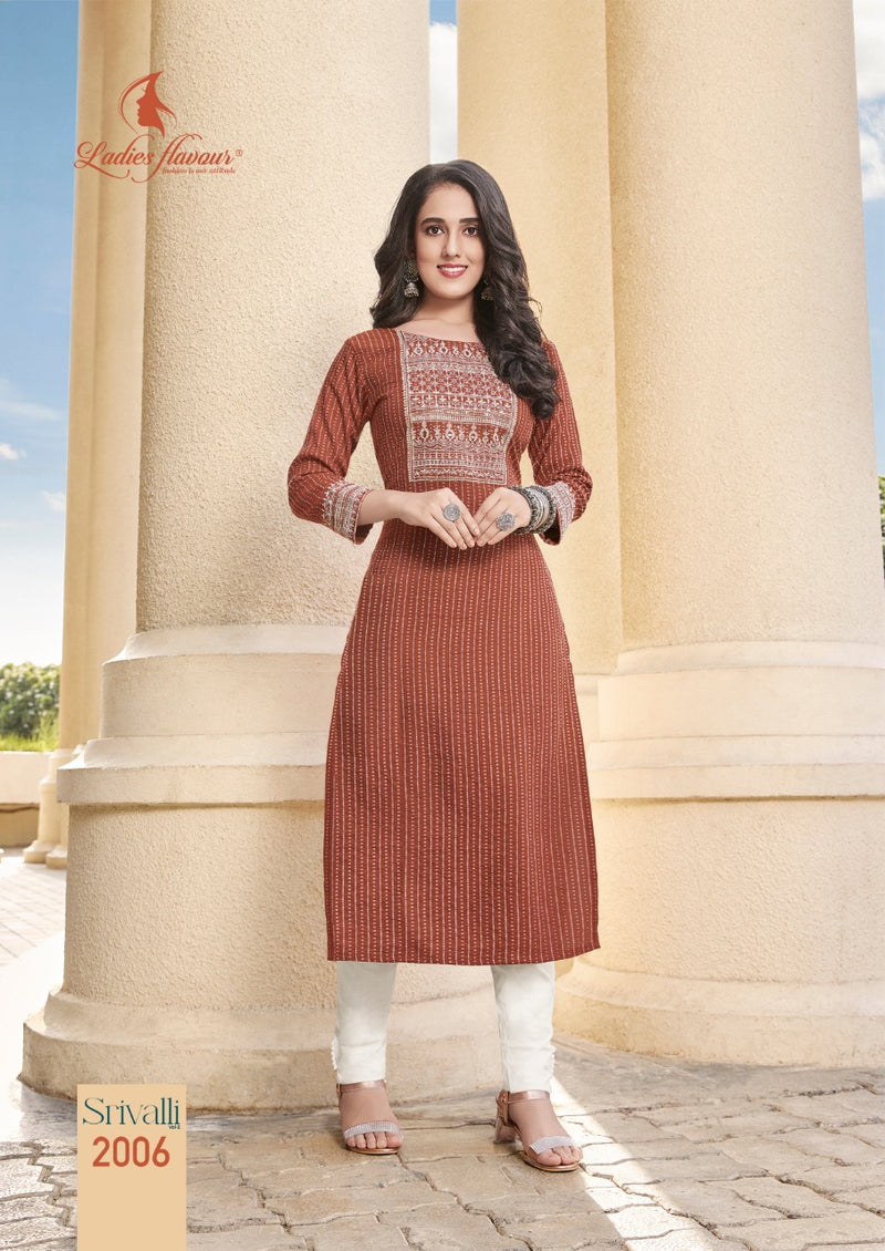 Ladies Flavour Srivalli Vol 2 Rayon With Printed Work Stylish Designer Casual Look Fancy Kurti
