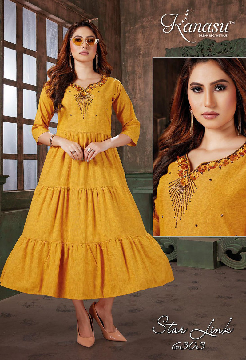 Kanasu Kurti Starlink Rayon Fancy Gown Style Long Party Wear Kurtis