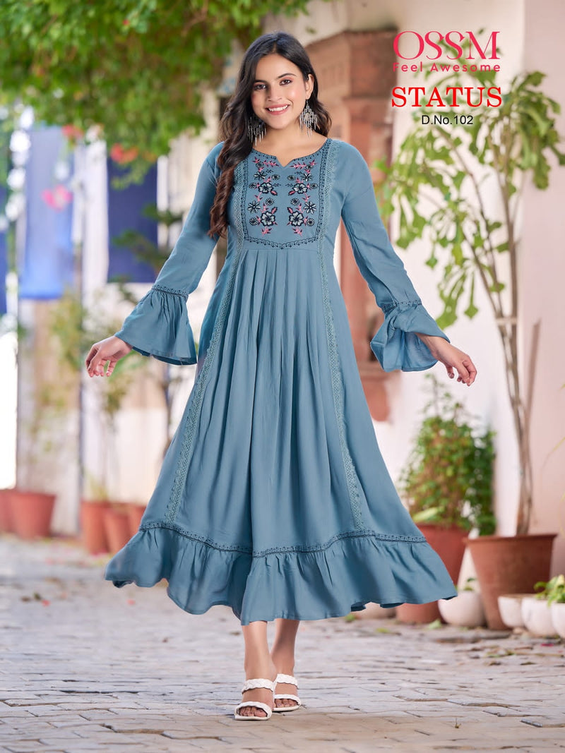 Ossm Status Heavy Rayon Wrinkle Slub Stylish Designer Partywear Kurti