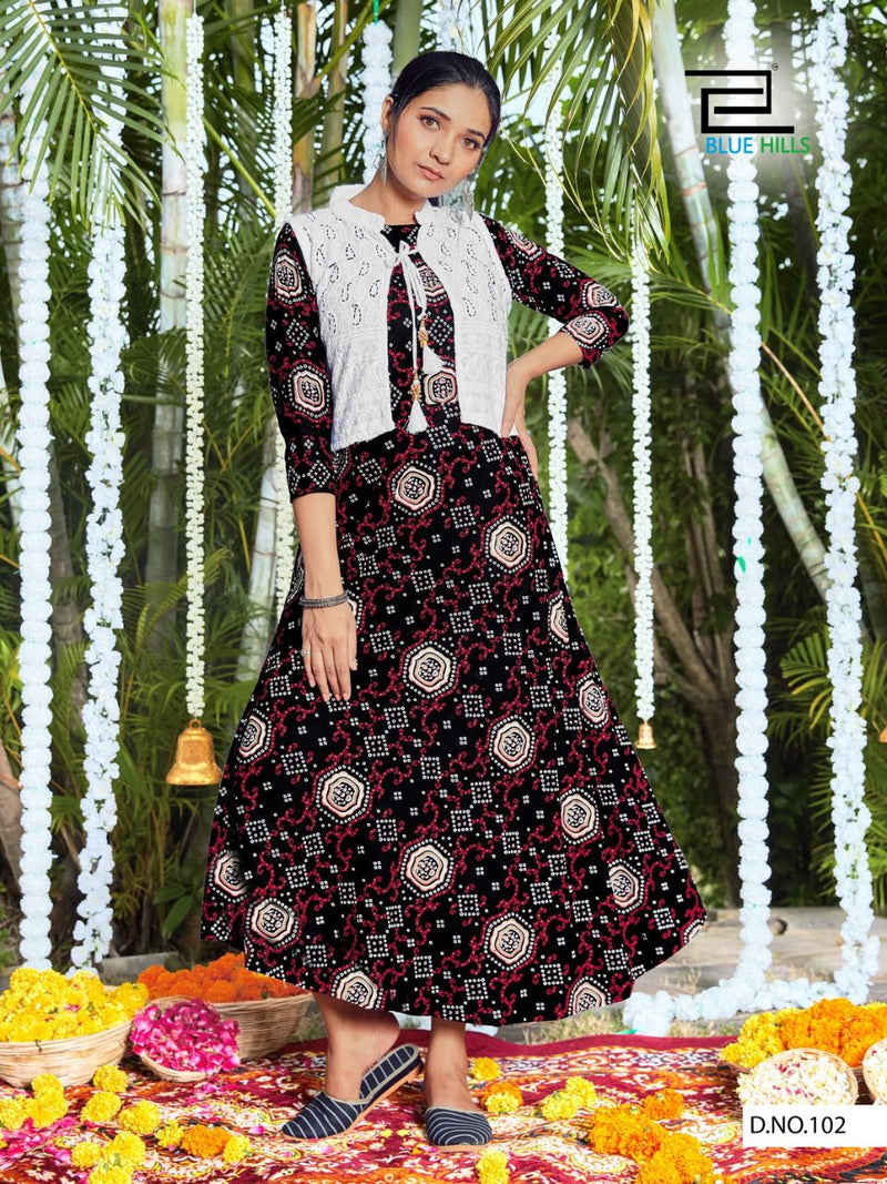 Blue Hills Stop Watch Rayon Party Wear Bandhani Kurtis With Chicken Koti & Embroidery Work