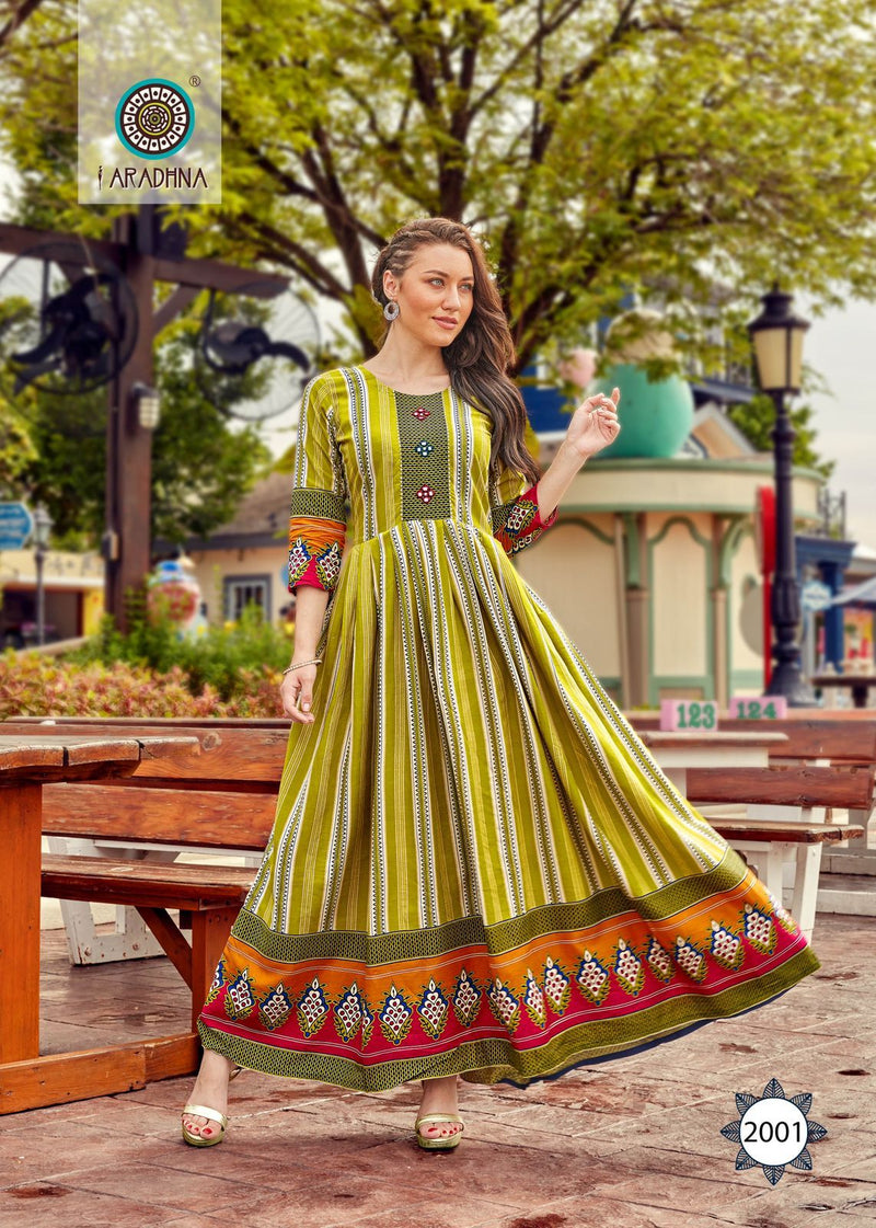 Aradhna Fashion Stripy Vol 2 Rayon With Heavy Embroidery Work Stylish Designer Casual Wear Long Kurti
