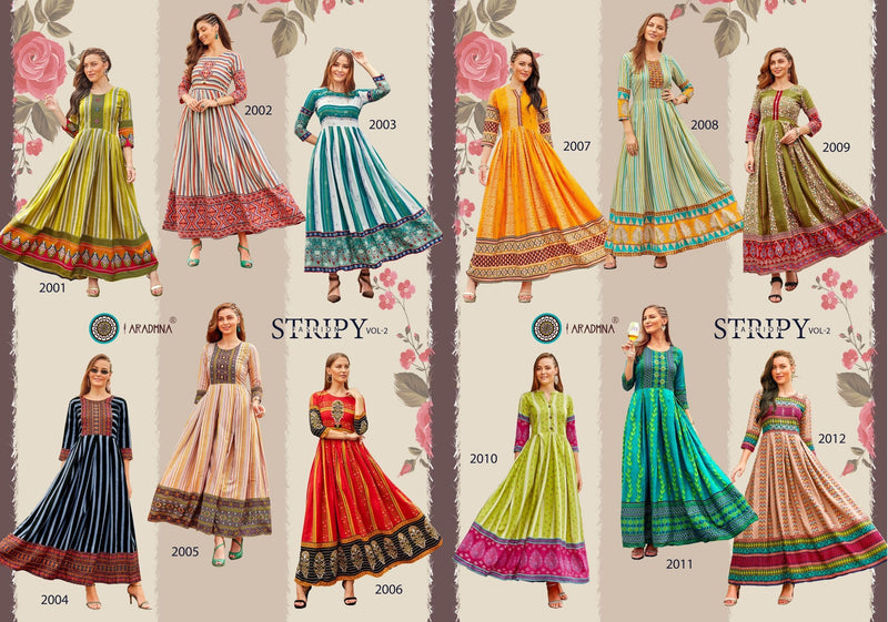 Aradhna Fashion Stripy Vol 2 Rayon With Heavy Embroidery Work Stylish Designer Casual Wear Long Kurti