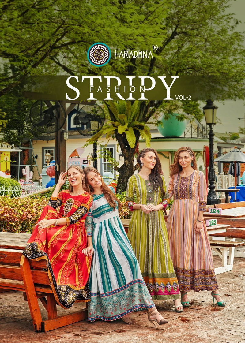 Aradhna Fashion Stripy Vol 2 Rayon With Heavy Embroidery Work Stylish Designer Casual Wear Long Kurti