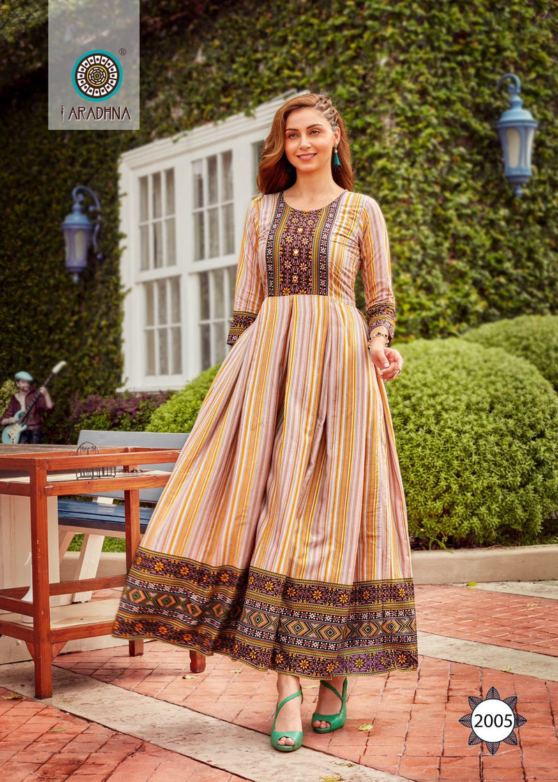 Aradhna Fashion Stripy Vol 2 Rayon With Heavy Embroidery Work Stylish Designer Casual Wear Long Kurti