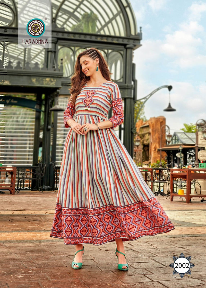 Aradhna Fashion Stripy Vol 2 Rayon With Heavy Embroidery Work Stylish Designer Casual Wear Long Kurti