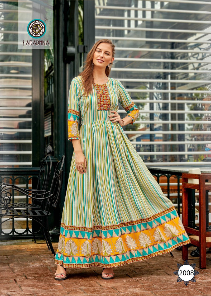 Aradhna Fashion Stripy Vol 2 Rayon With Heavy Embroidery Work Stylish Designer Casual Wear Long Kurti
