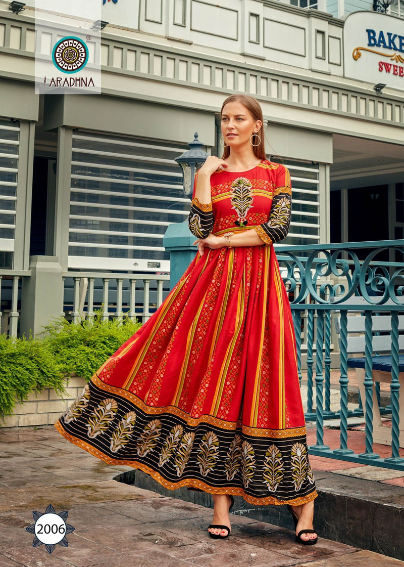 Aradhna Fashion Stripy Vol 2 Rayon With Heavy Embroidery Work Stylish Designer Casual Wear Long Kurti