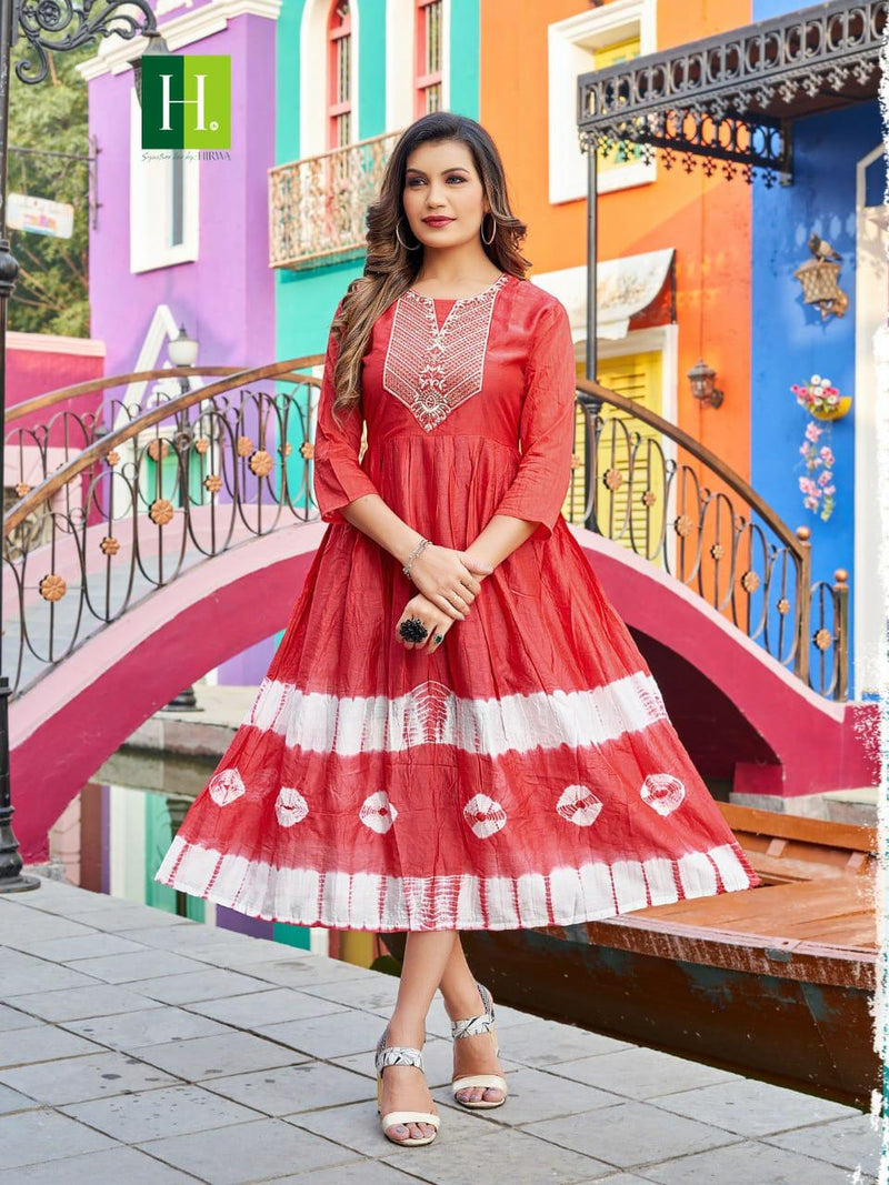 Hirwa Suhana Handmade Tie and Dye Silk Ghera Embroidery Work Fancy Designer Partywear Kurti