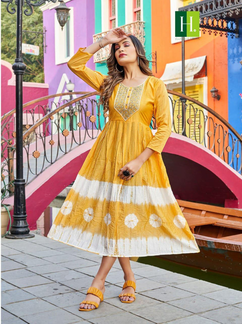 Hirwa Suhana Handmade Tie and Dye Silk Ghera Embroidery Work Fancy Designer Partywear Kurti