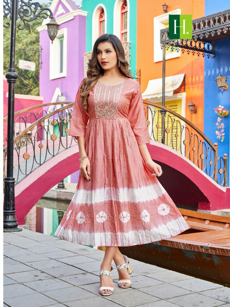 Hirwa Suhana Handmade Tie and Dye Silk Ghera Embroidery Work Fancy Designer Partywear Kurti