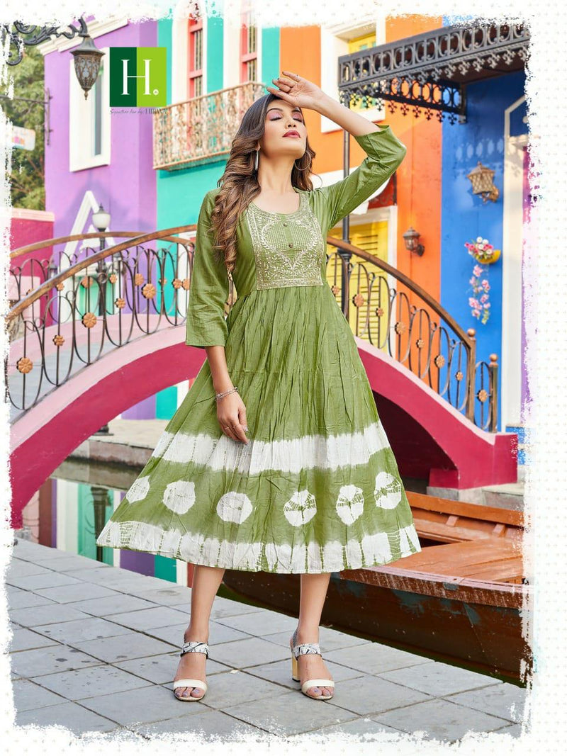 Hirwa Suhana Handmade Tie and Dye Silk Ghera Embroidery Work Fancy Designer Partywear Kurti