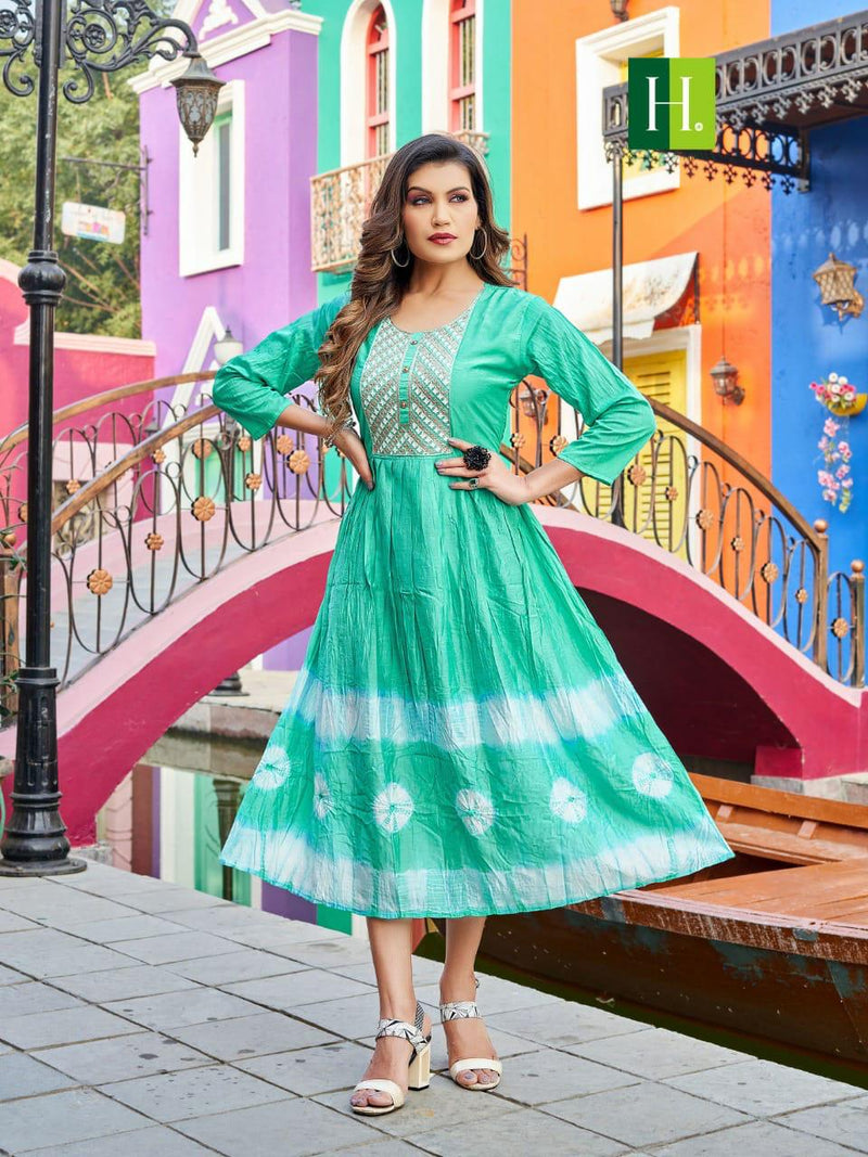 Hirwa Suhana Handmade Tie and Dye Silk Ghera Embroidery Work Fancy Designer Partywear Kurti