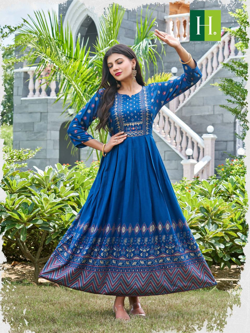 Hirwa Suncity Rayon With Fancy Work Stylish Designer Casual Wear Fancy Long Gown