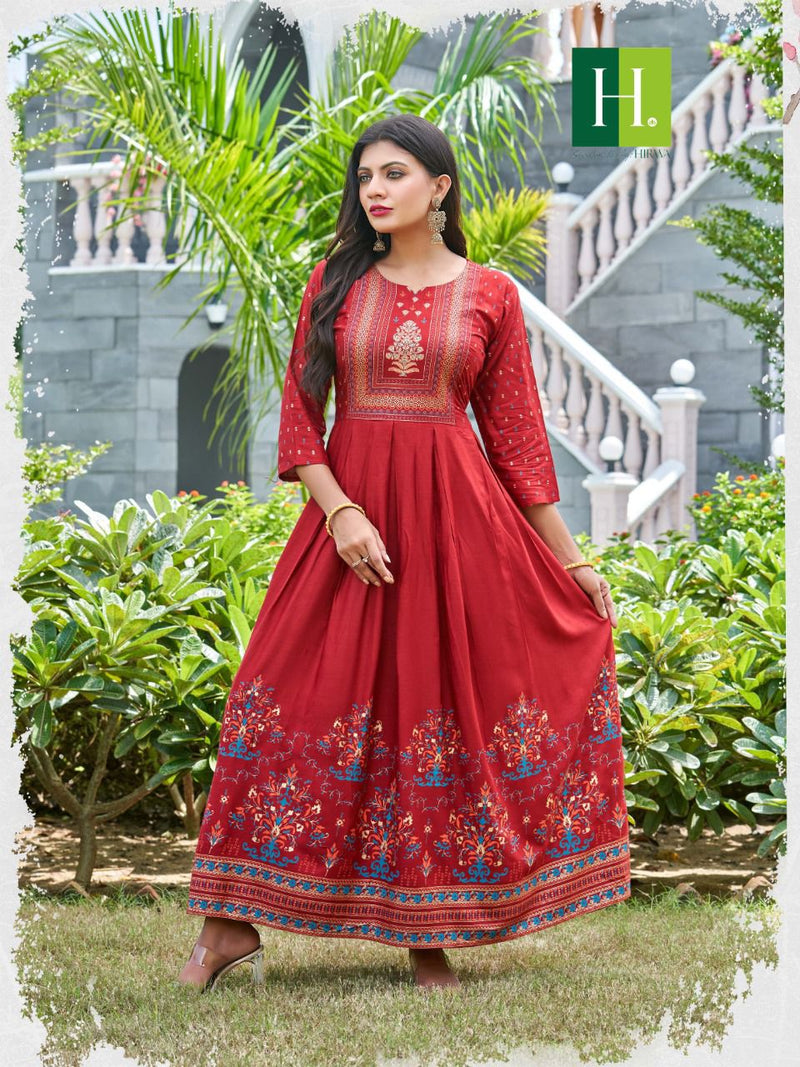 Hirwa Suncity Rayon With Fancy Work Stylish Designer Casual Wear Fancy Long Gown