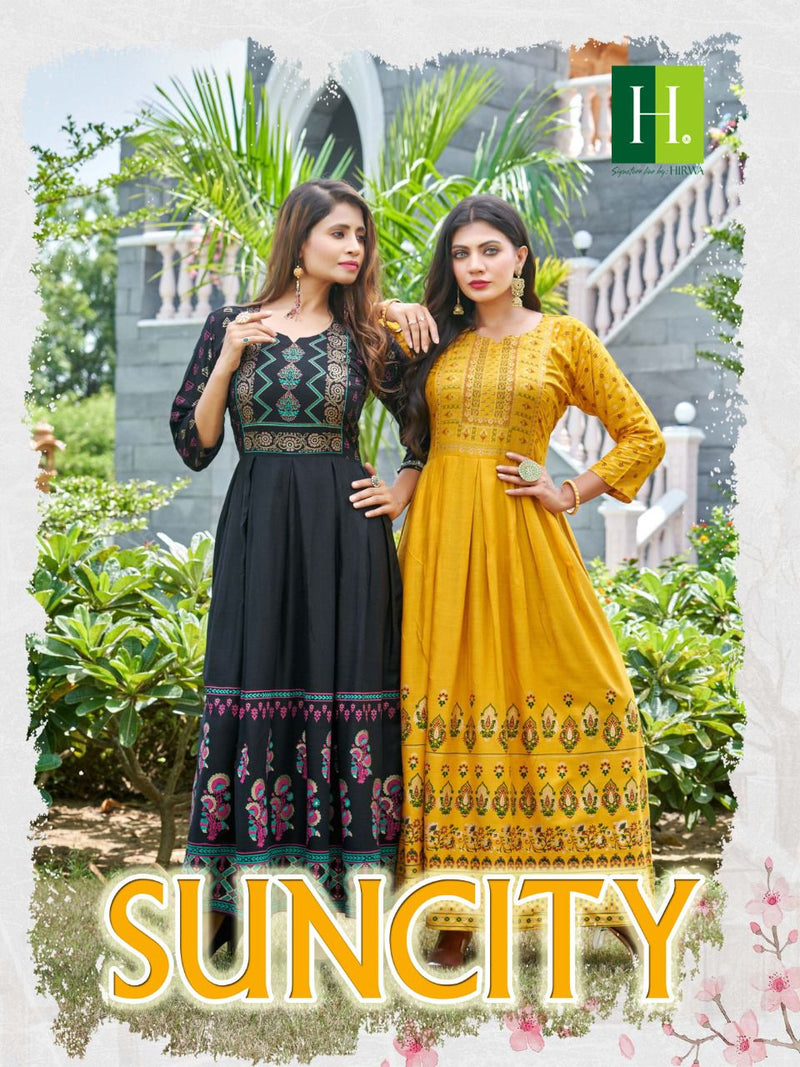 Hirwa Suncity Rayon With Fancy Work Stylish Designer Casual Wear Fancy Long Gown