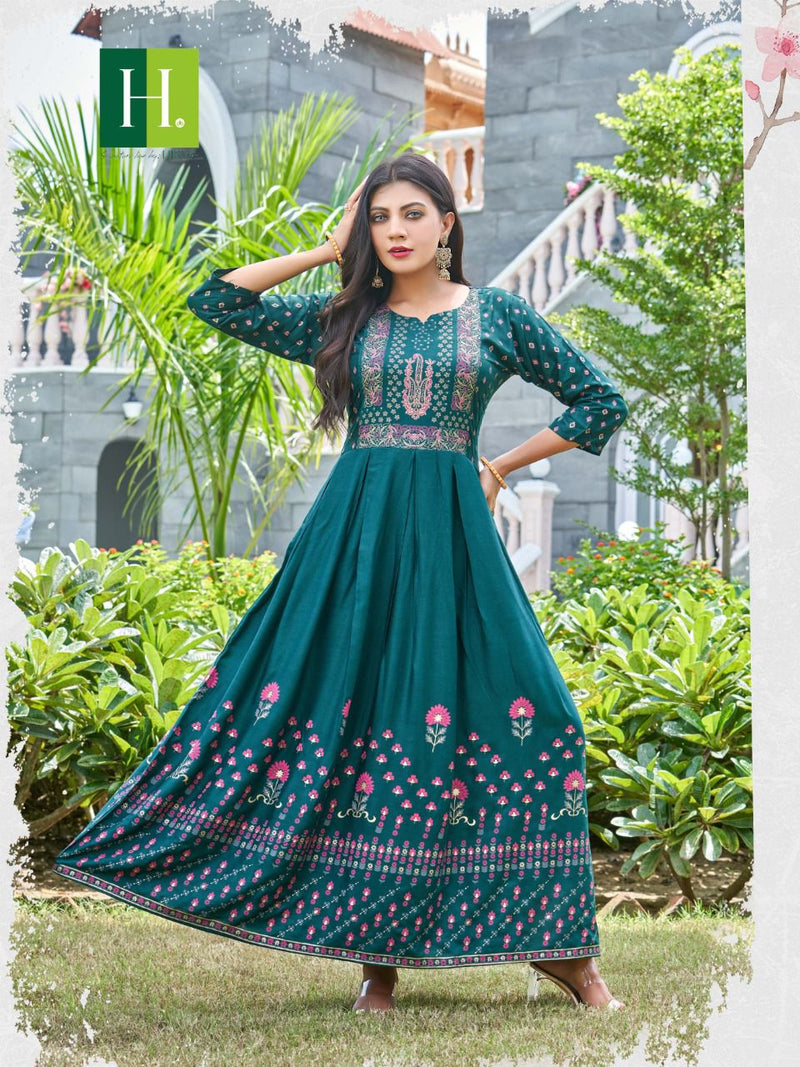 Hirwa Suncity Rayon With Fancy Work Stylish Designer Casual Wear Fancy Long Gown