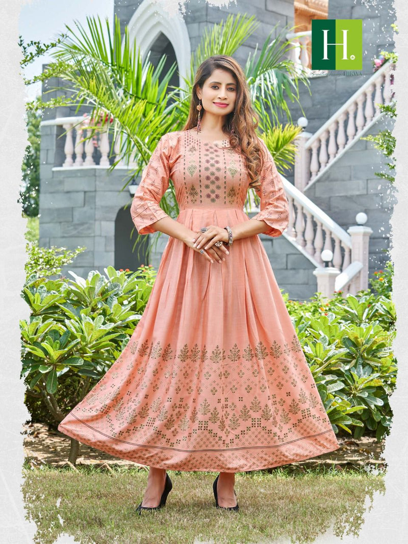 Hirwa Suncity Rayon With Fancy Work Stylish Designer Casual Wear Fancy Long Gown