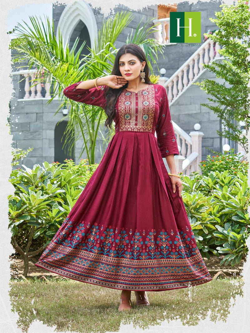 Hirwa Suncity Rayon With Fancy Work Stylish Designer Casual Wear Fancy Long Gown